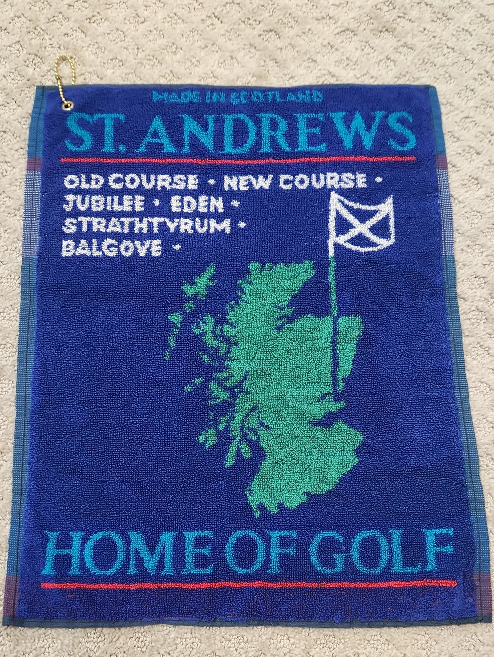 St. Andrews Golf Towel Home of Golf Blue & Green Made In Scotland